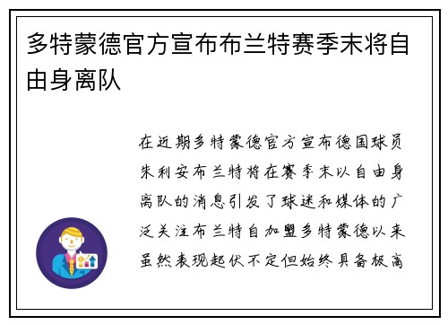 多特蒙德官方宣布布兰特赛季末将自由身离队